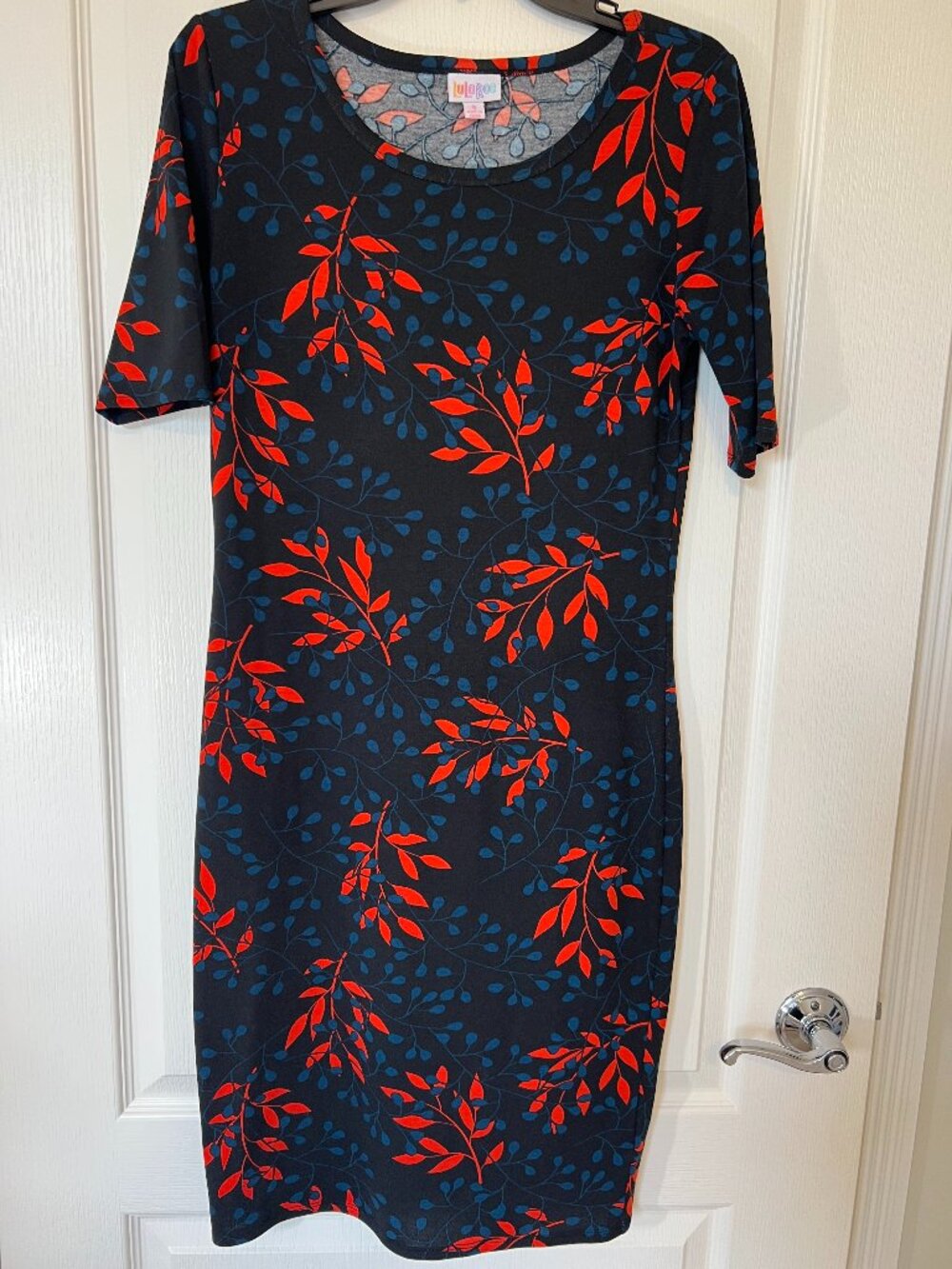 LuLaRoe Julia Dress Navy Blue Coral Red Botanical Leaf Print ShortSleeve Stretch